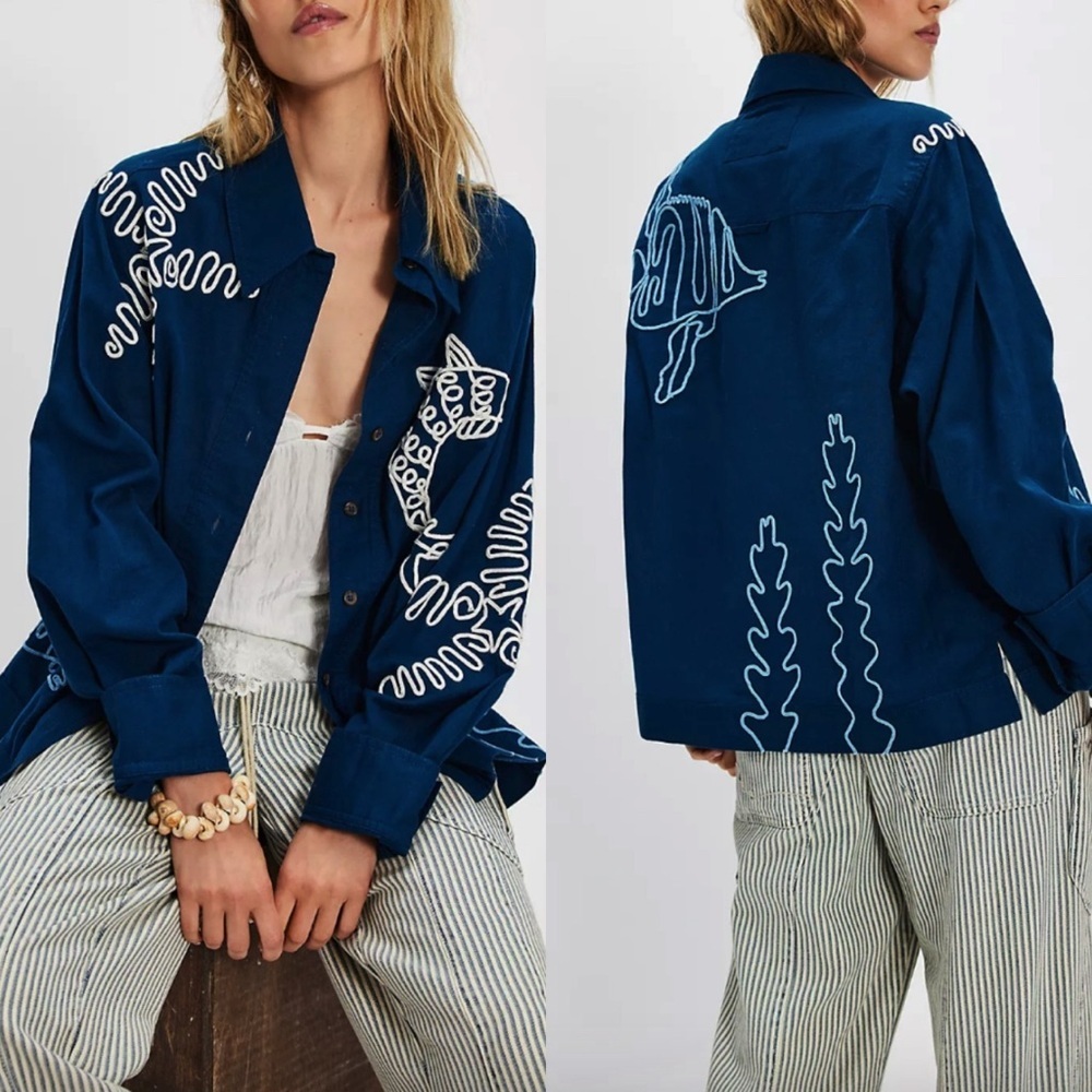 NWT Free People We The Free Tidal Stitch Button Down Shirt in Blue